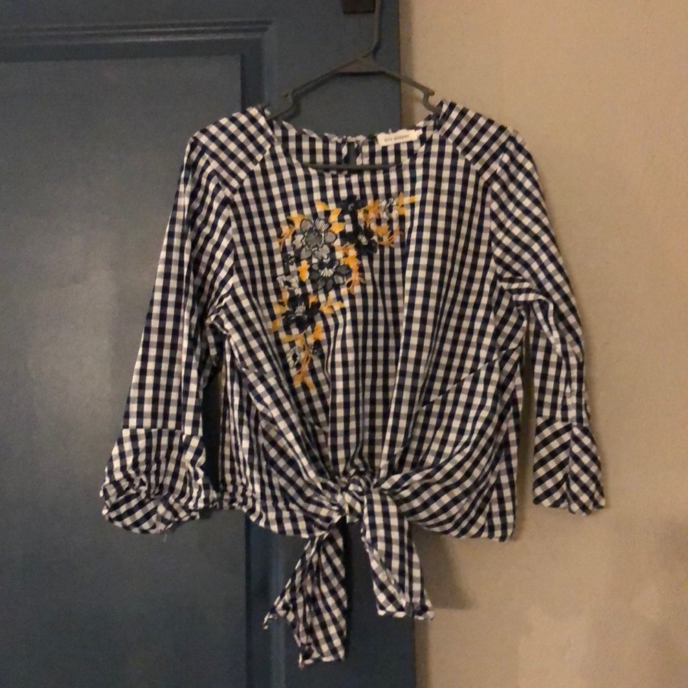 Navy Gingham Embroidered Top